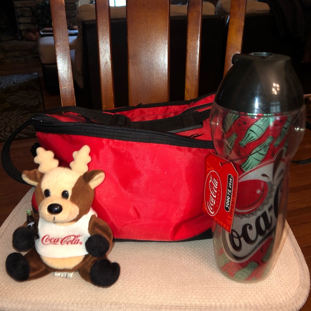 CocaCola cooler, reindeer plush, & tumbler cup set